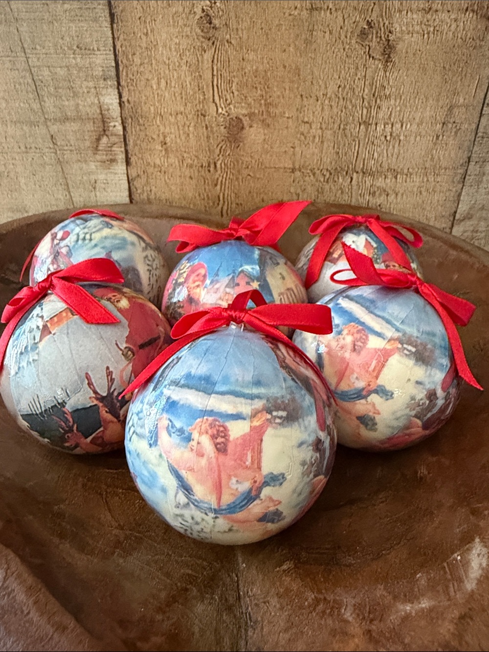 Vintage Old World Decoupaged Paper Mache Christmas Ornaments Set of 6